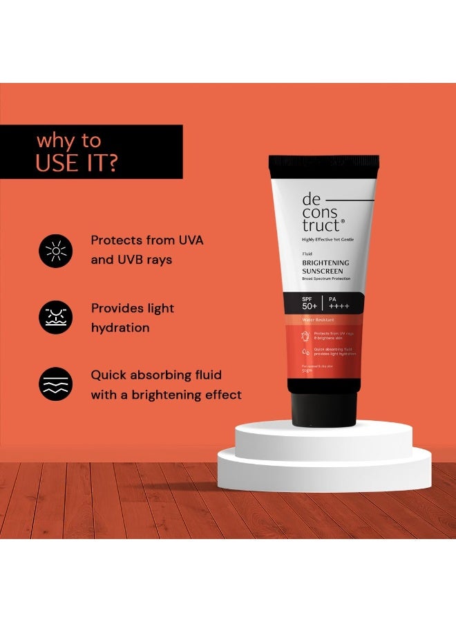 Deconstruct Dry Skin Brightening Fluid Sunscreen SPF 50+ with Niacinamide | Lightweight, Hydrating & Dewy | UVA/UVB Protection | 8-Hour Wear, Water-Resistant, No White Cast | 50g | Pack of 3 - Image 4